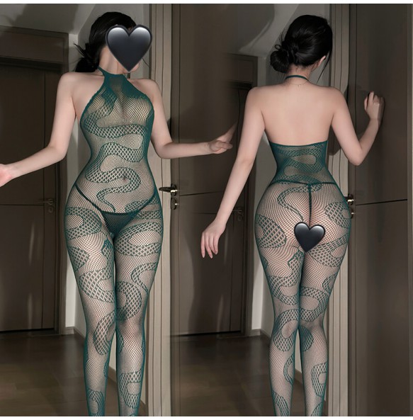 FEE ET MOI - Sheer Snake-Pattern Jacquard Bodystocking (Green)